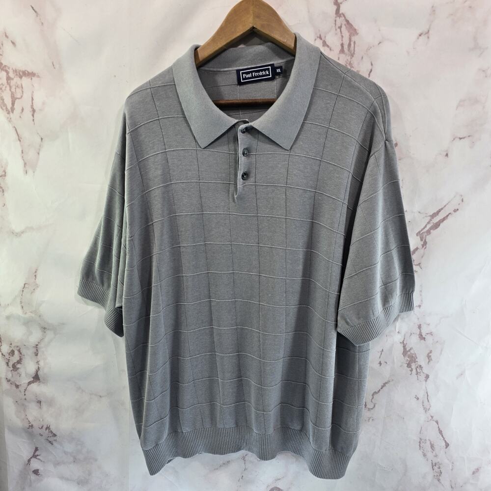 Paul Fredrick Shirt Mens XXL 2X Polo Gray Knit Sweater Silk Short Sleeve